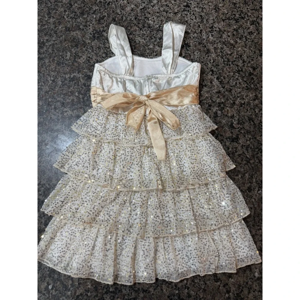 Speechless Girls Ivory Gold Sequin‎ Tiered Ruffle Party Dress Size 8 Holiday Bow